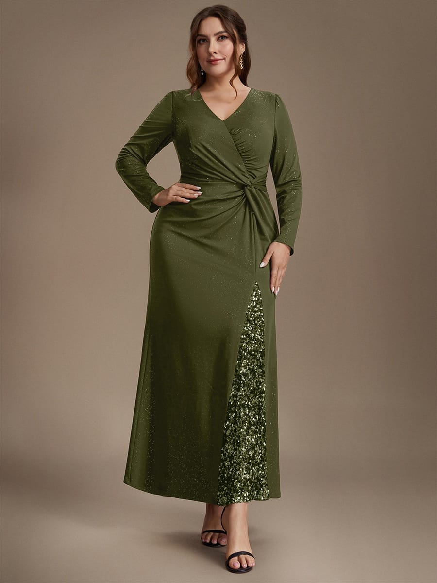 Sequin Knit Fitted Sleeve Dress #color_Olive Green
