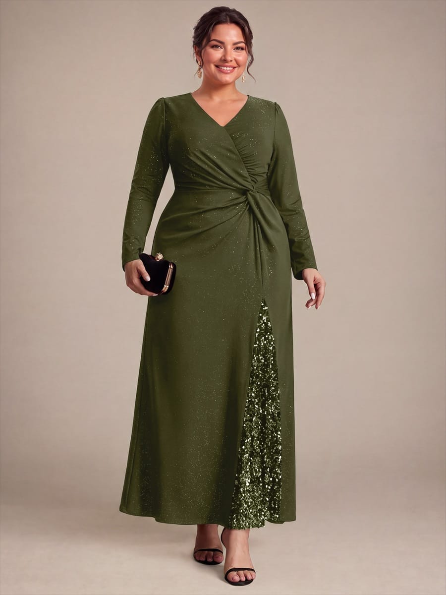 Sequin Knit Fitted Sleeve Dress #color_Olive Green