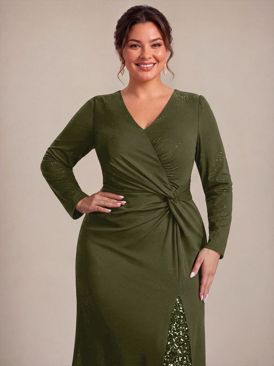 Sequin Knit Fitted Sleeve Dress #color_Olive Green