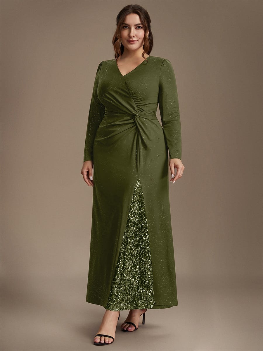 Sequin Knit Fitted Sleeve Dress #color_Olive Green