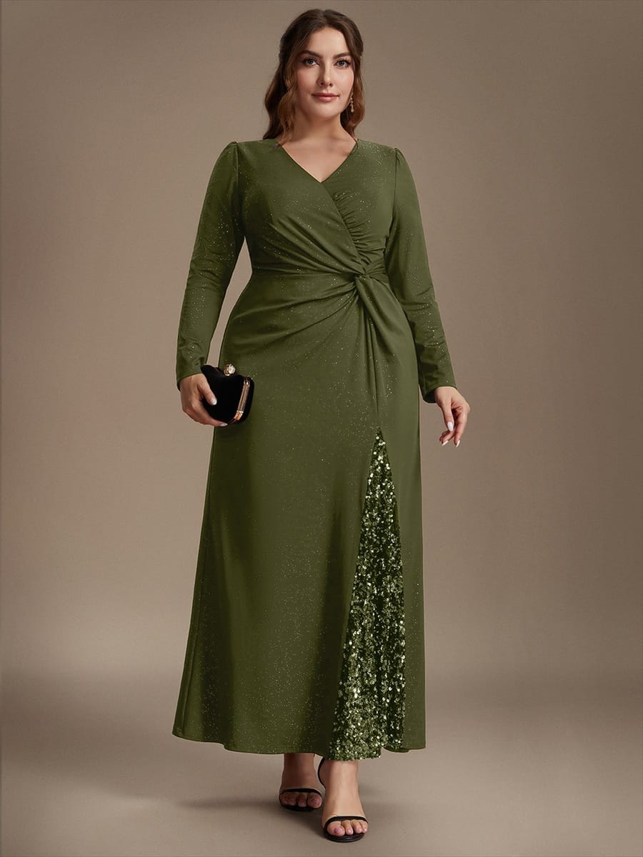 Sequin Knit Fitted Sleeve Dress #color_Olive Green