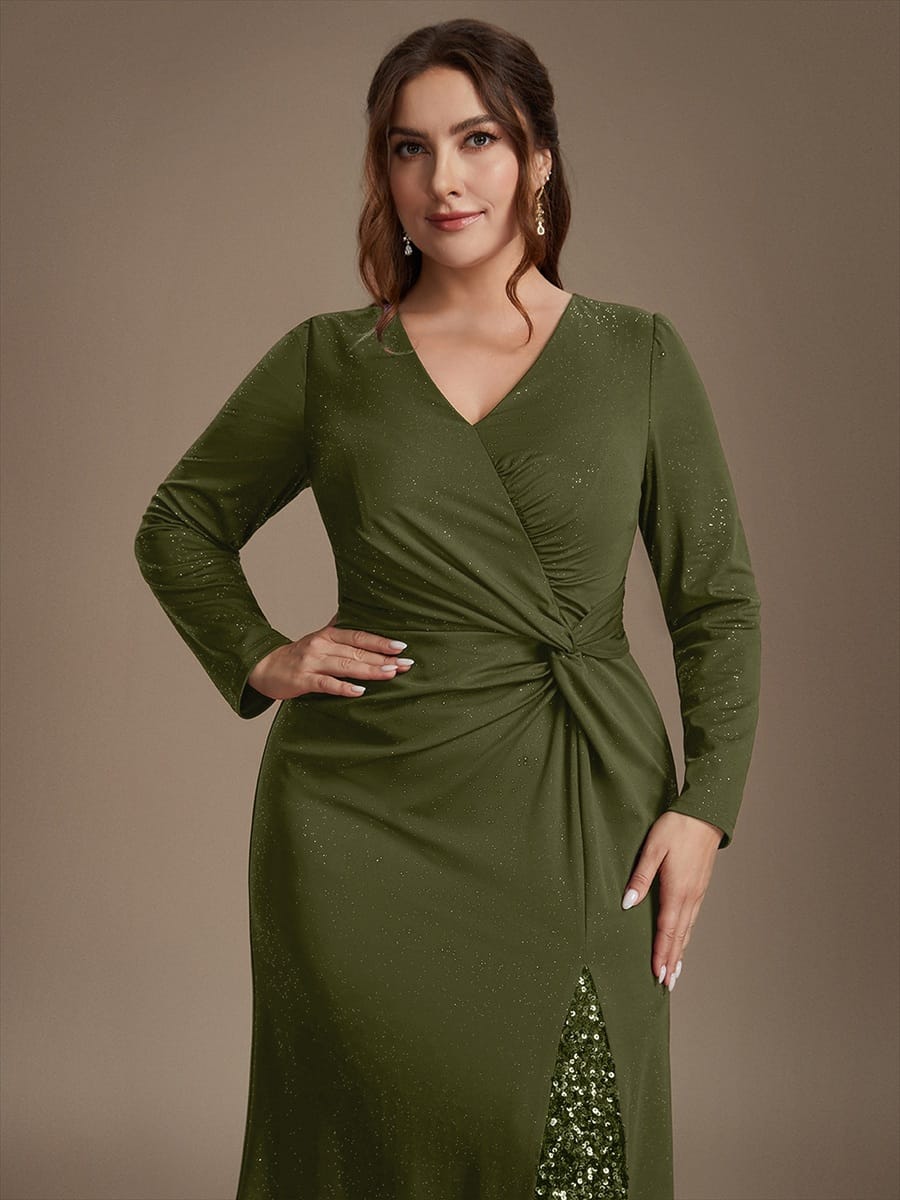Sequin Knit Fitted Sleeve Dress #color_Olive Green