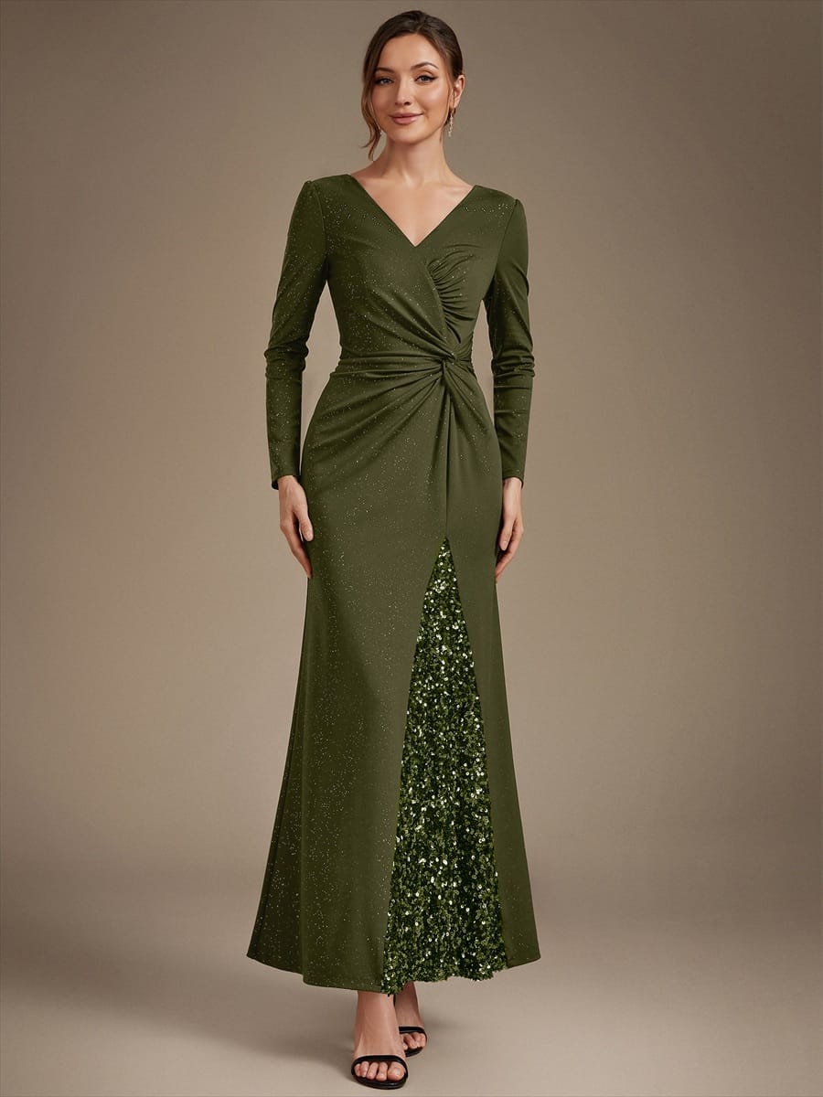 Sequin Knit Fitted Sleeve Dress #color_Olive Green