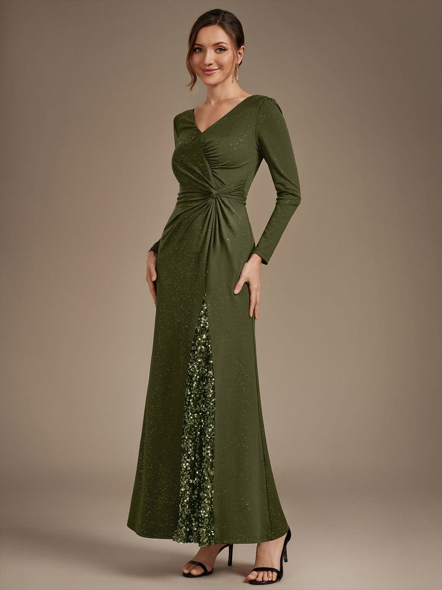 Sequin Knit Fitted Sleeve Dress #color_Olive Green