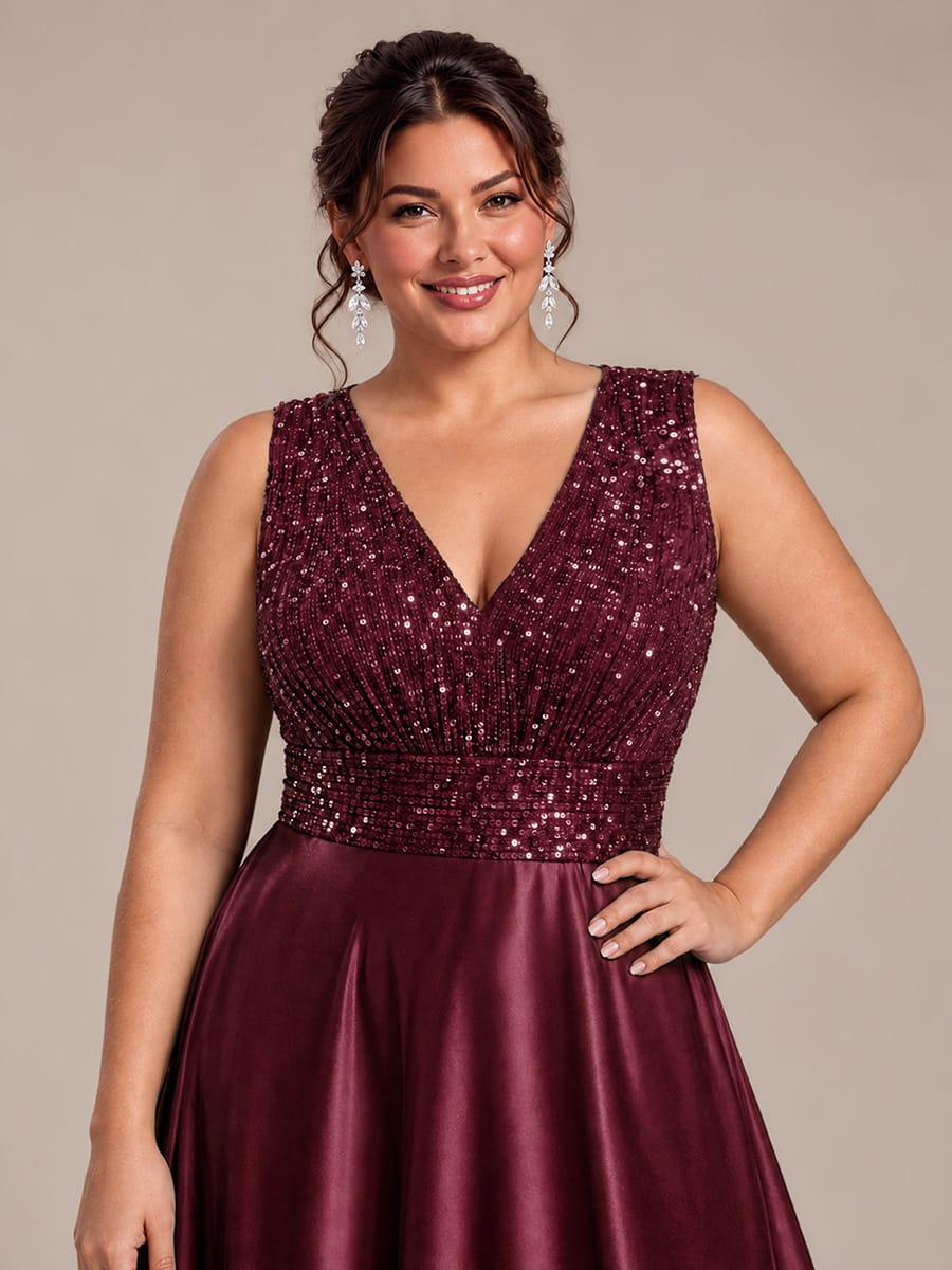 Satin Sleeveless A-line Dress #color_Burgundy