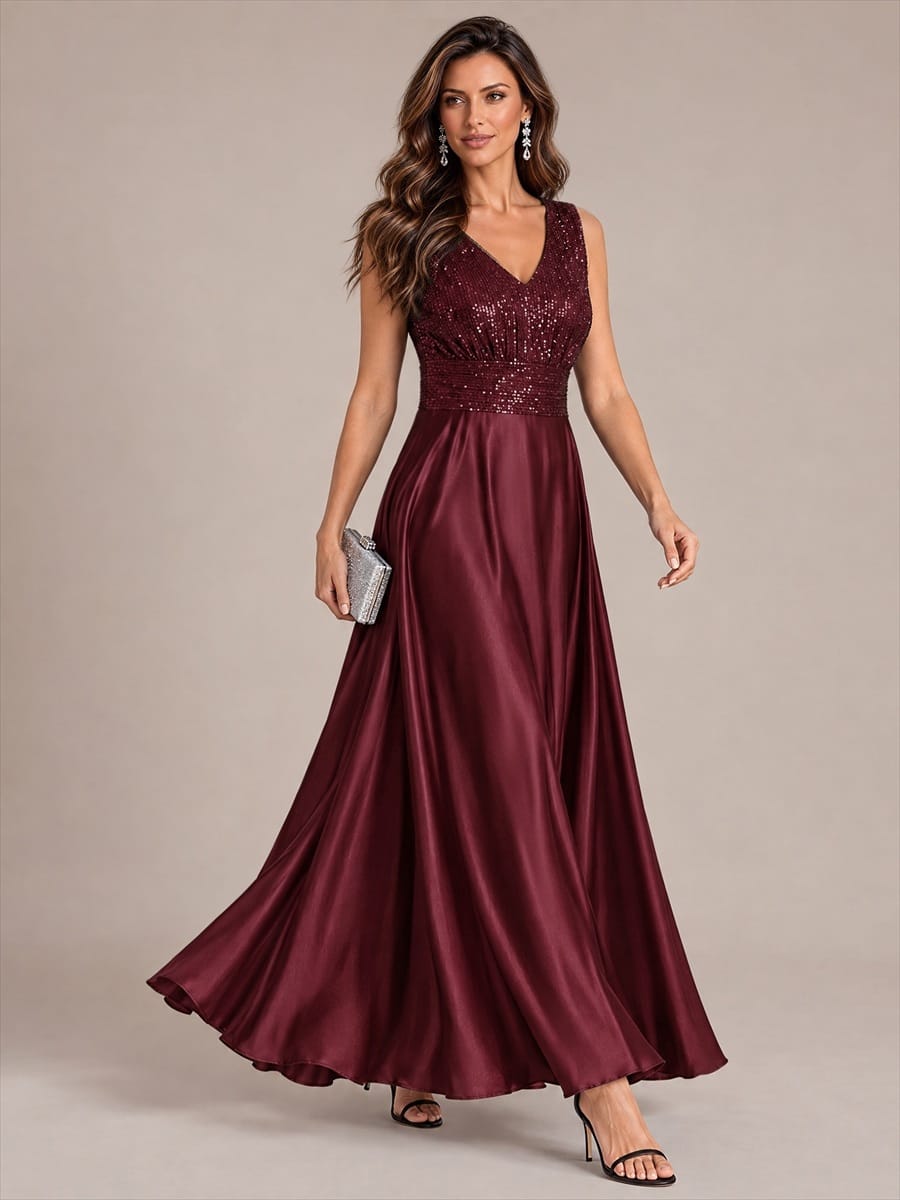Satin Sleeveless A-line Dress #color_Burgundy
