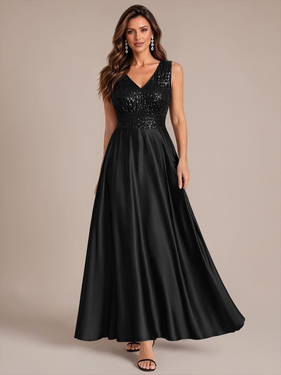 Satin Sleeveless A-line Dress #color_Black