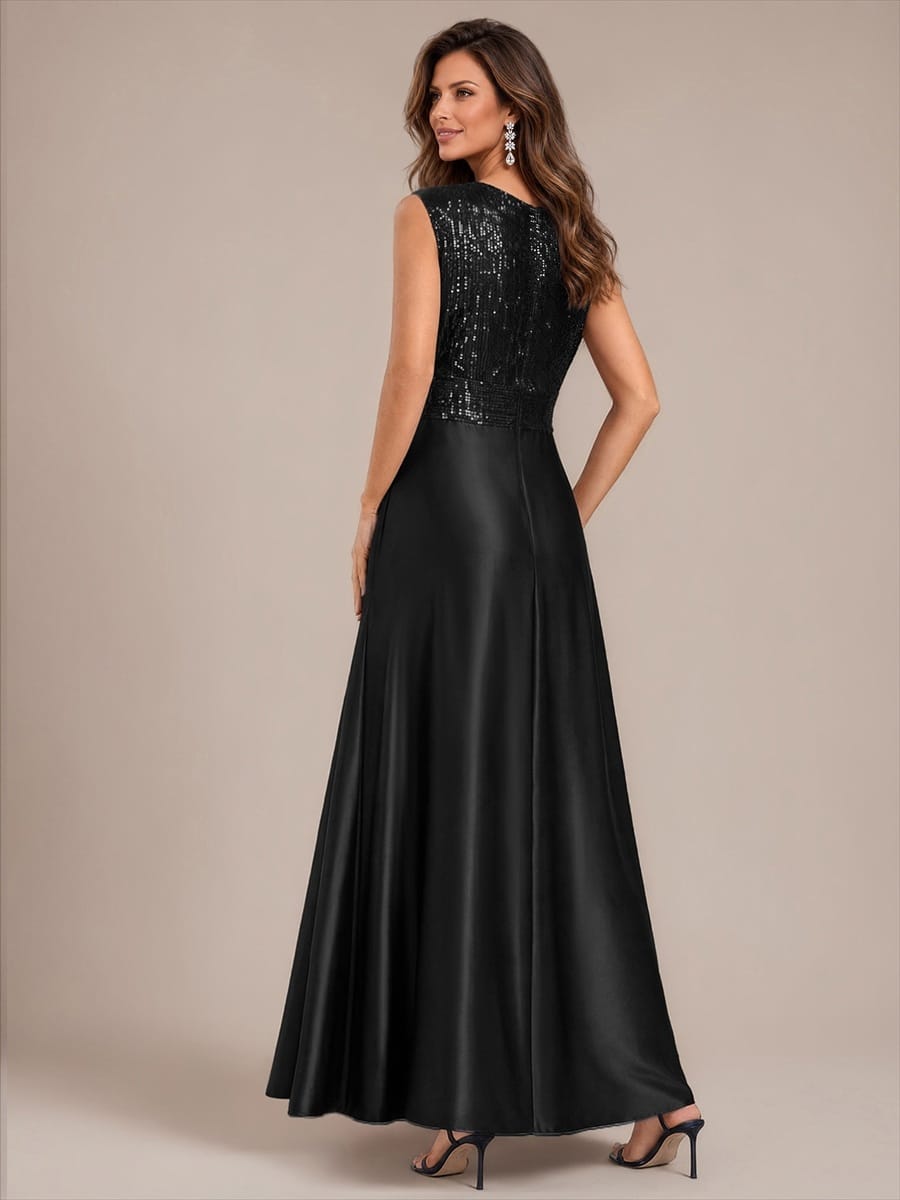 Satin Sleeveless A-line Dress #color_Black