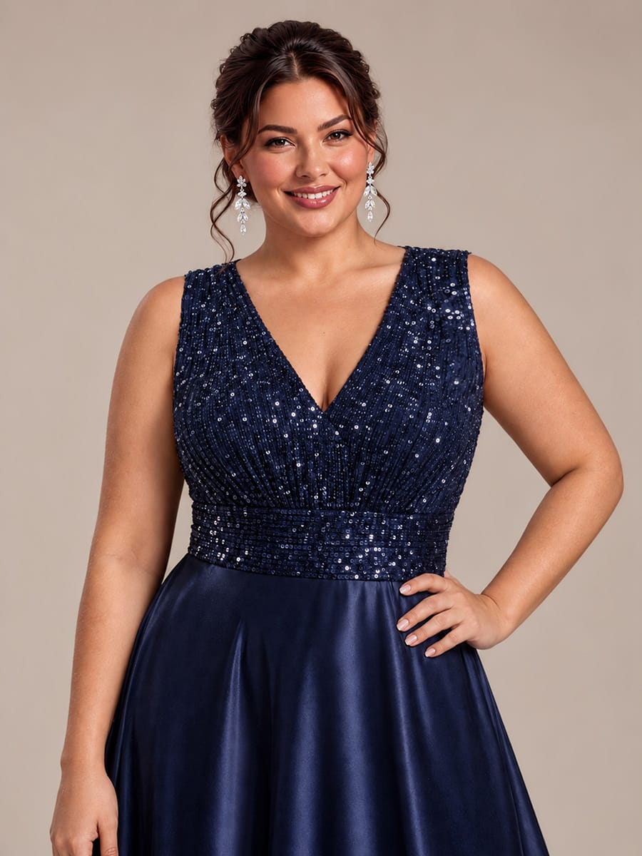 Satin Sleeveless A-line Dress #color_Navy Blue