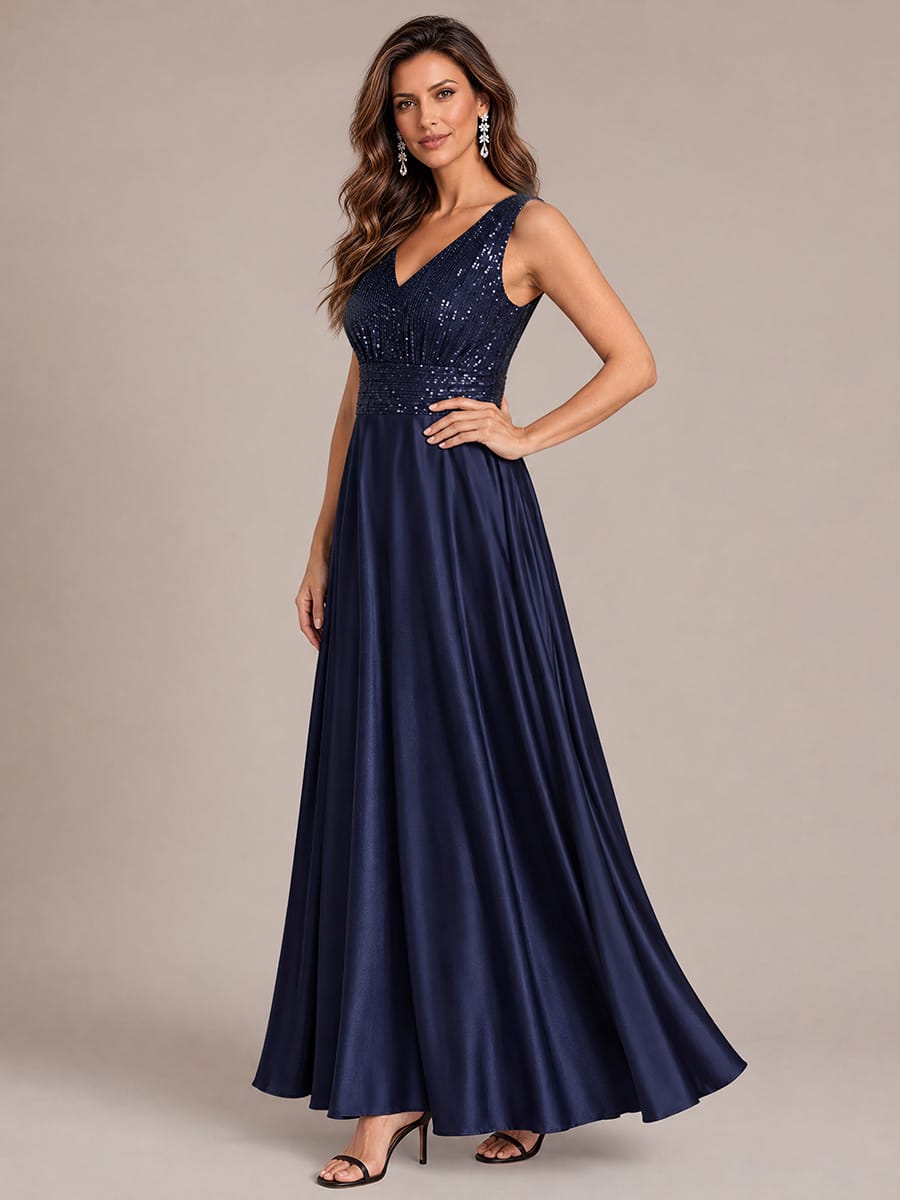 Satin Sleeveless A-line Dress #color_Navy Blue