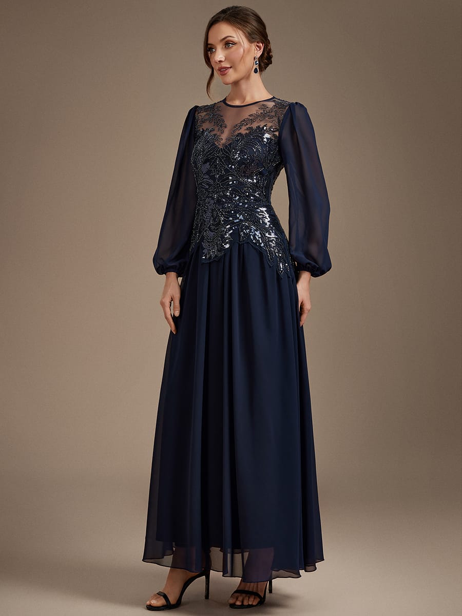 Beaded Tulle Puff Sleeve Dress #color_Navy Blue