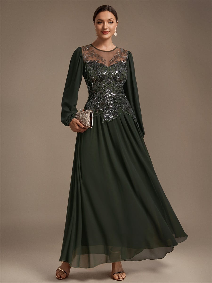 Beaded Tulle Puff Sleeve Dress #color_Olive Green