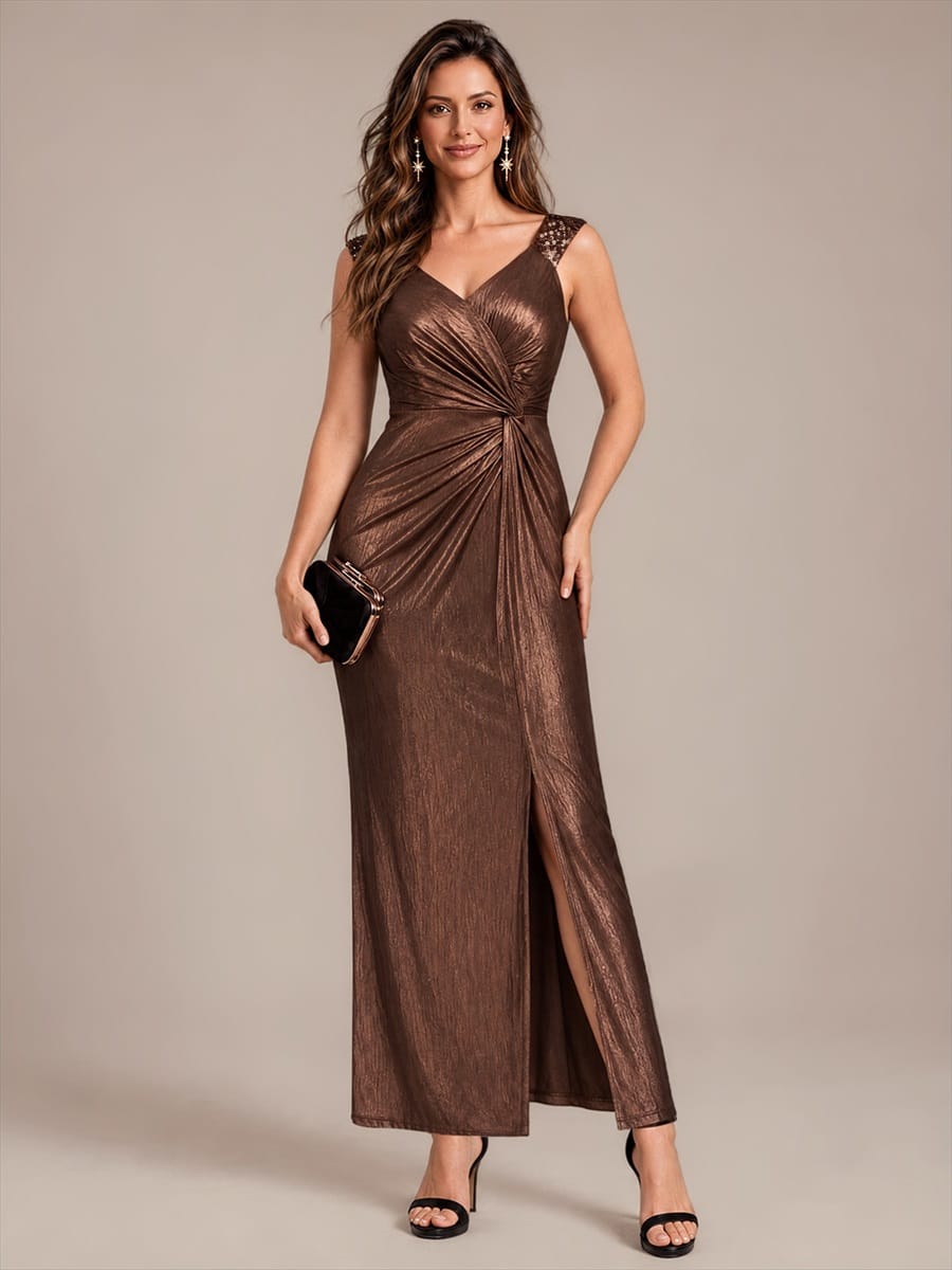 Jersey Maxi V Neckline Sleeveless Evening Dress #color_Chocolate brown