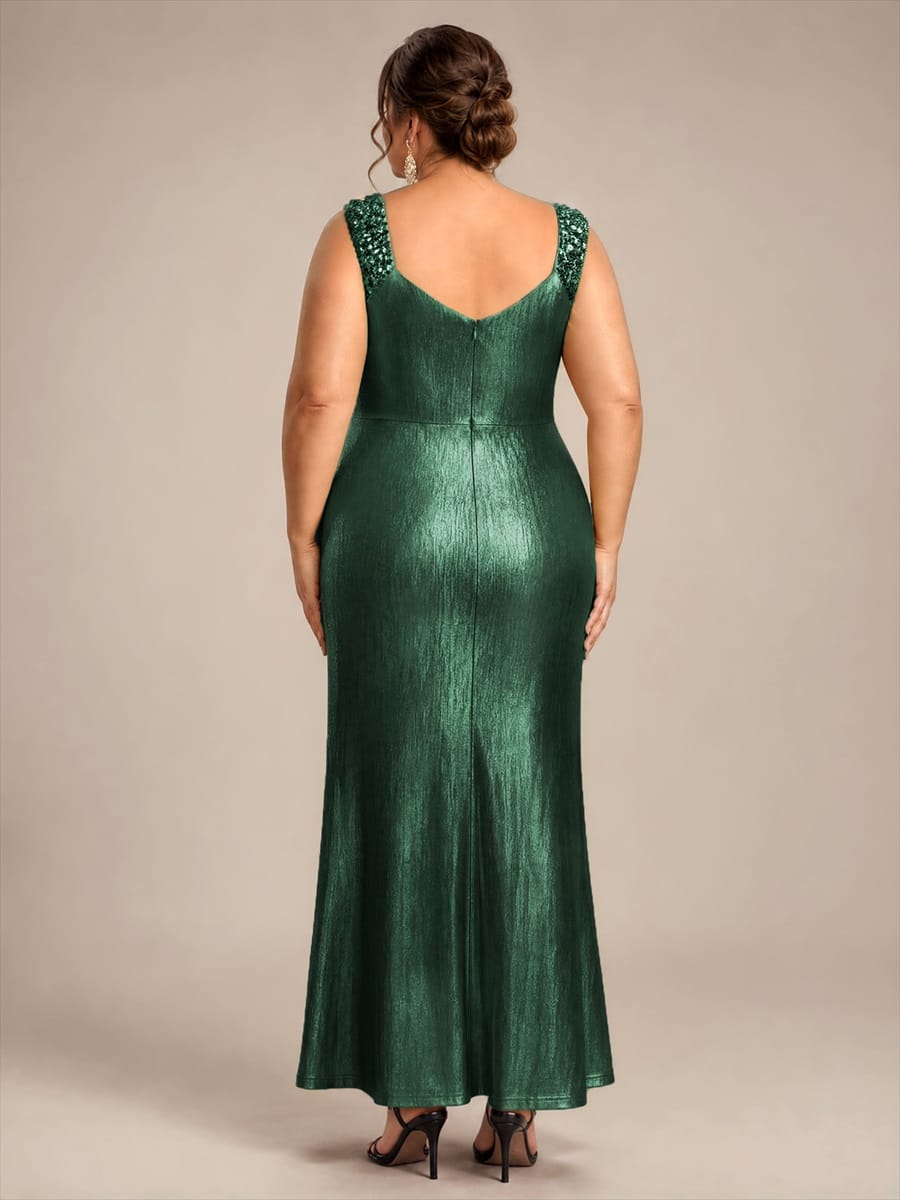 Jersey Maxi V Neckline Sleeveless Evening Dress #color_Dark Green