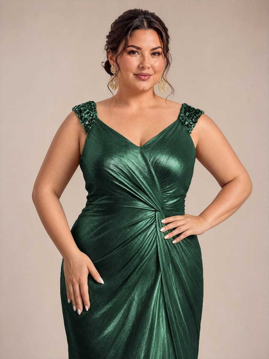 Jersey Maxi V Neckline Sleeveless Evening Dress #color_Dark Green