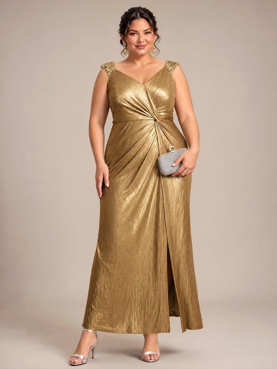 Jersey Maxi V Neckline Sleeveless Evening Dress #color_Gold