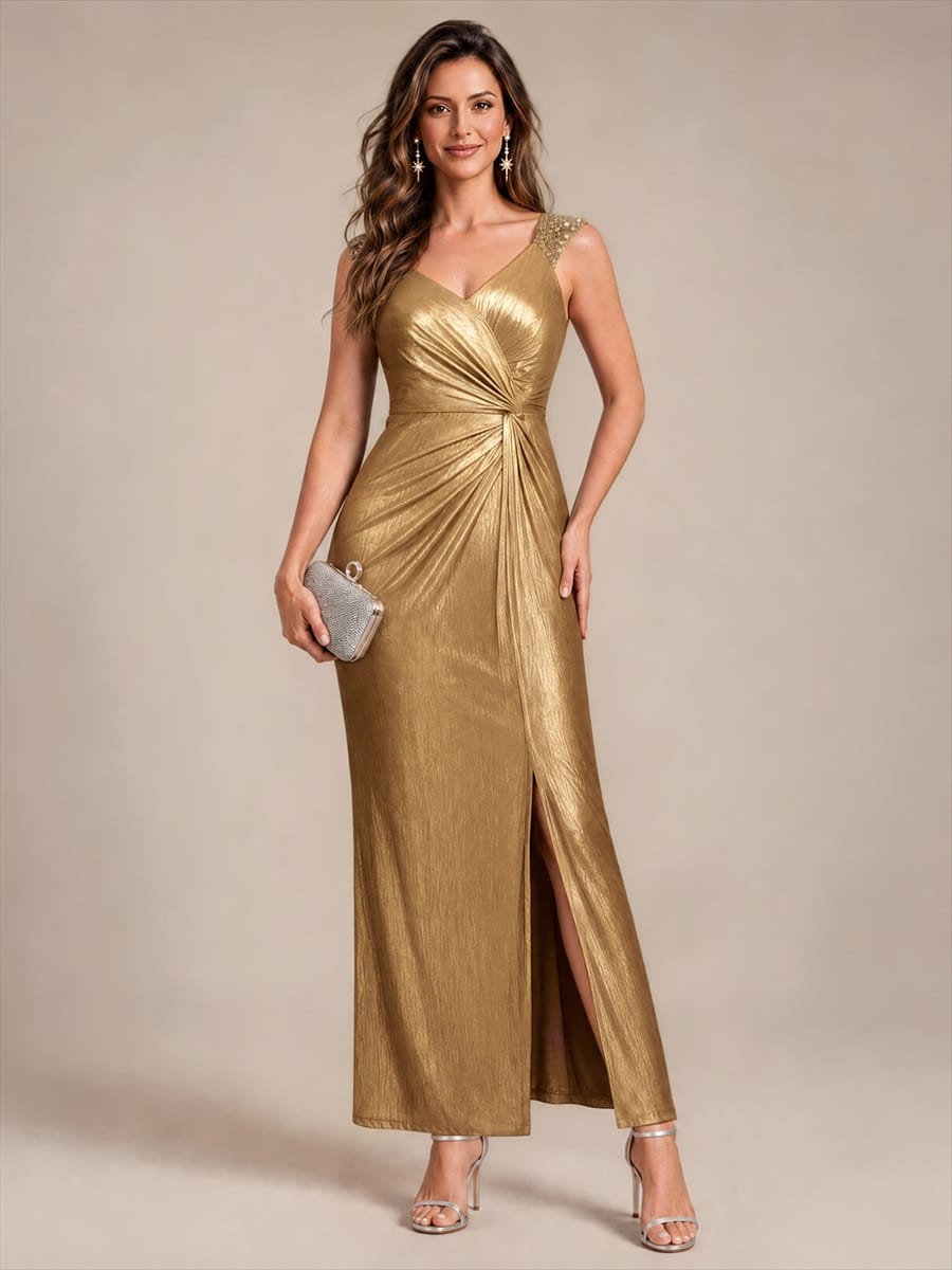 Jersey Maxi V Neckline Sleeveless Evening Dress #color_Gold