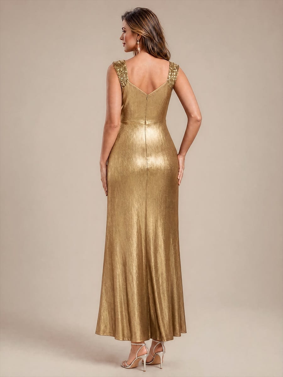 Jersey Maxi V Neckline Sleeveless Evening Dress #color_Gold