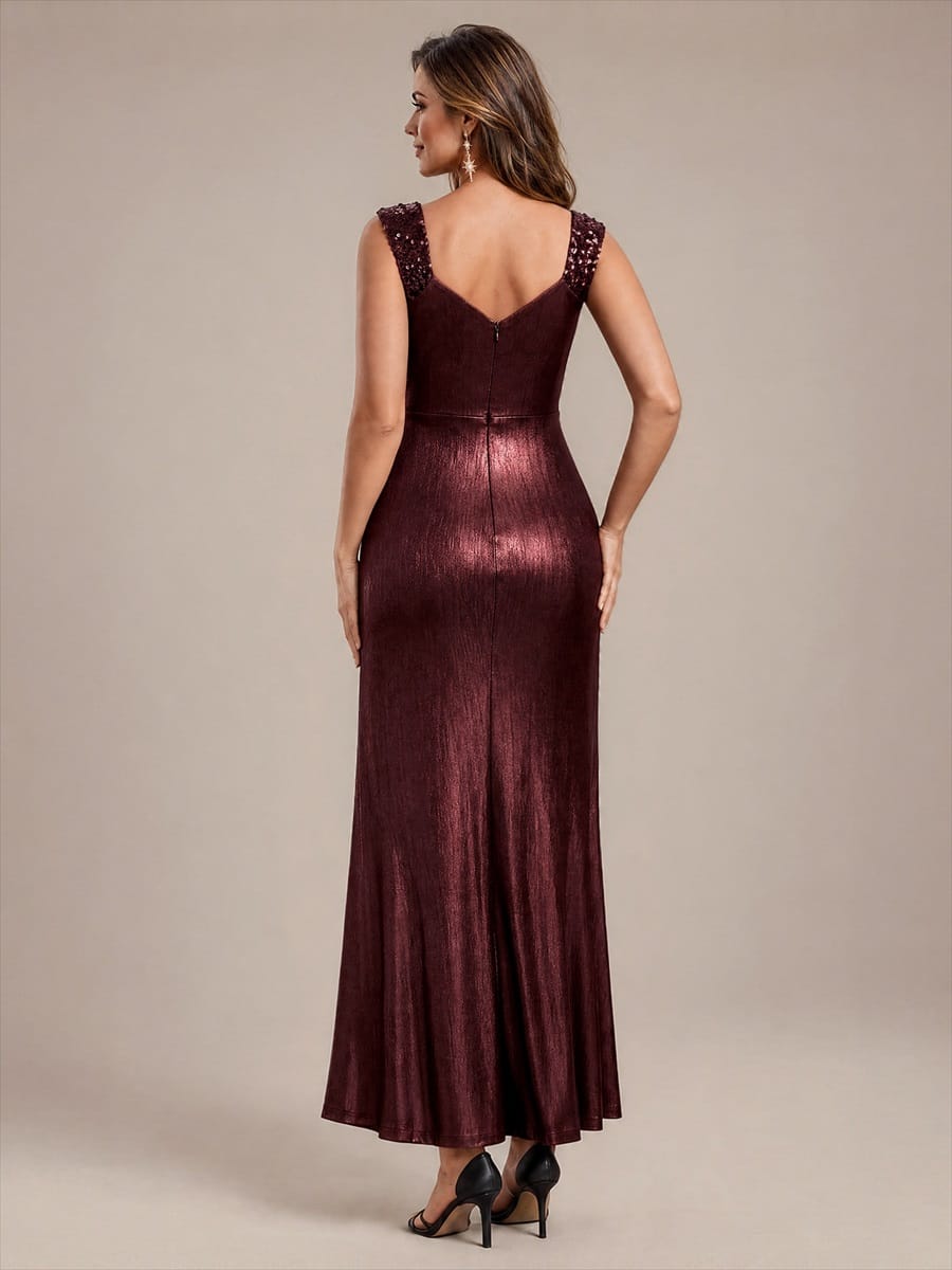 Jersey Maxi V Neckline Sleeveless Evening Dress #color_Mahogany Brown