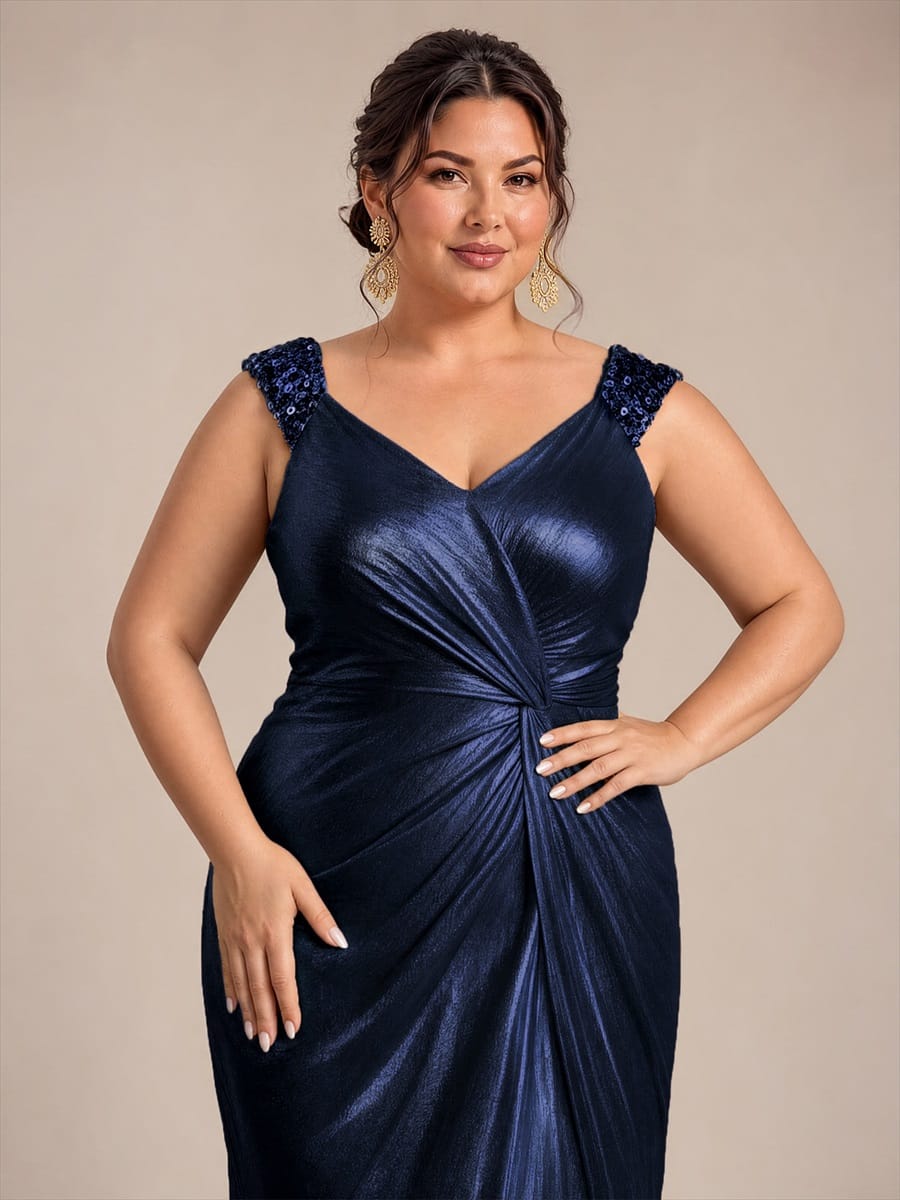 Jersey Maxi V Neckline Sleeveless Evening Dress #color_Navy Blue