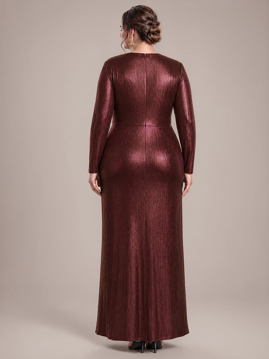 Knot Detail,Slit Jersey Maxi V Neckline Fitted Sleeves Evening Dress #color_Mahogany Brown