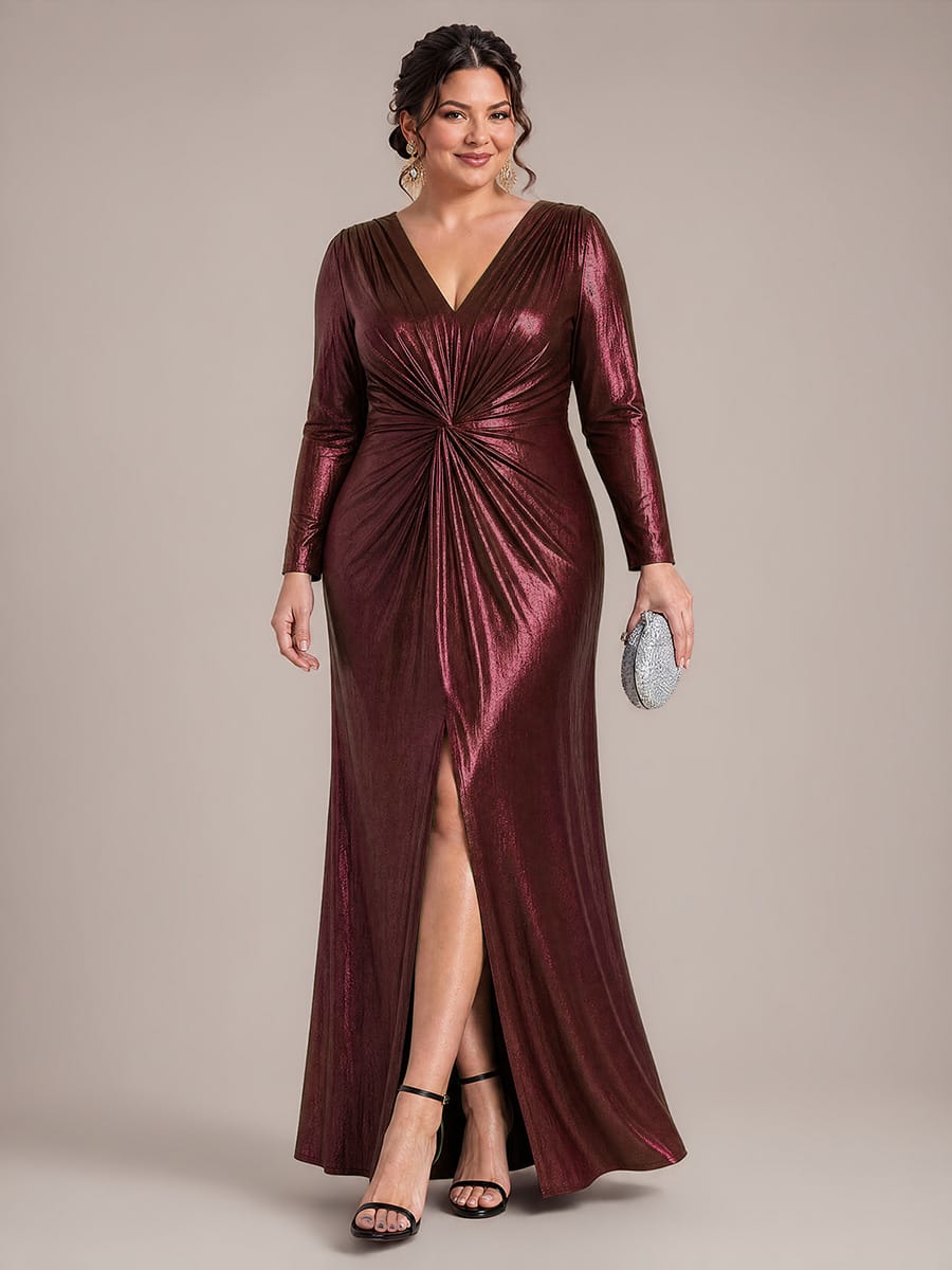 Knot Detail,Slit Jersey Maxi V Neckline Fitted Sleeves Evening Dress #color_Mahogany Brown