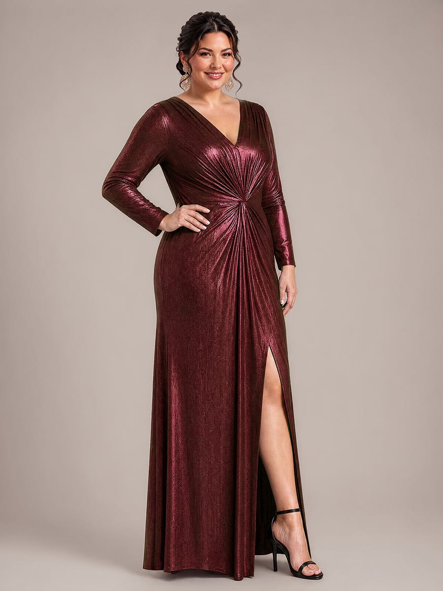 Knot Detail,Slit Jersey Maxi V Neckline Fitted Sleeves Evening Dress #color_Mahogany Brown