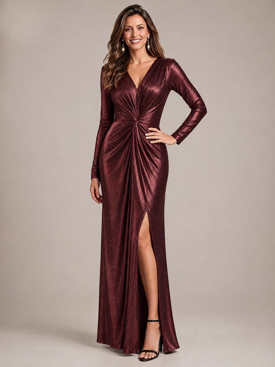 Knot Detail,Slit Jersey Maxi V Neckline Fitted Sleeves Evening Dress #color_Mahogany Brown