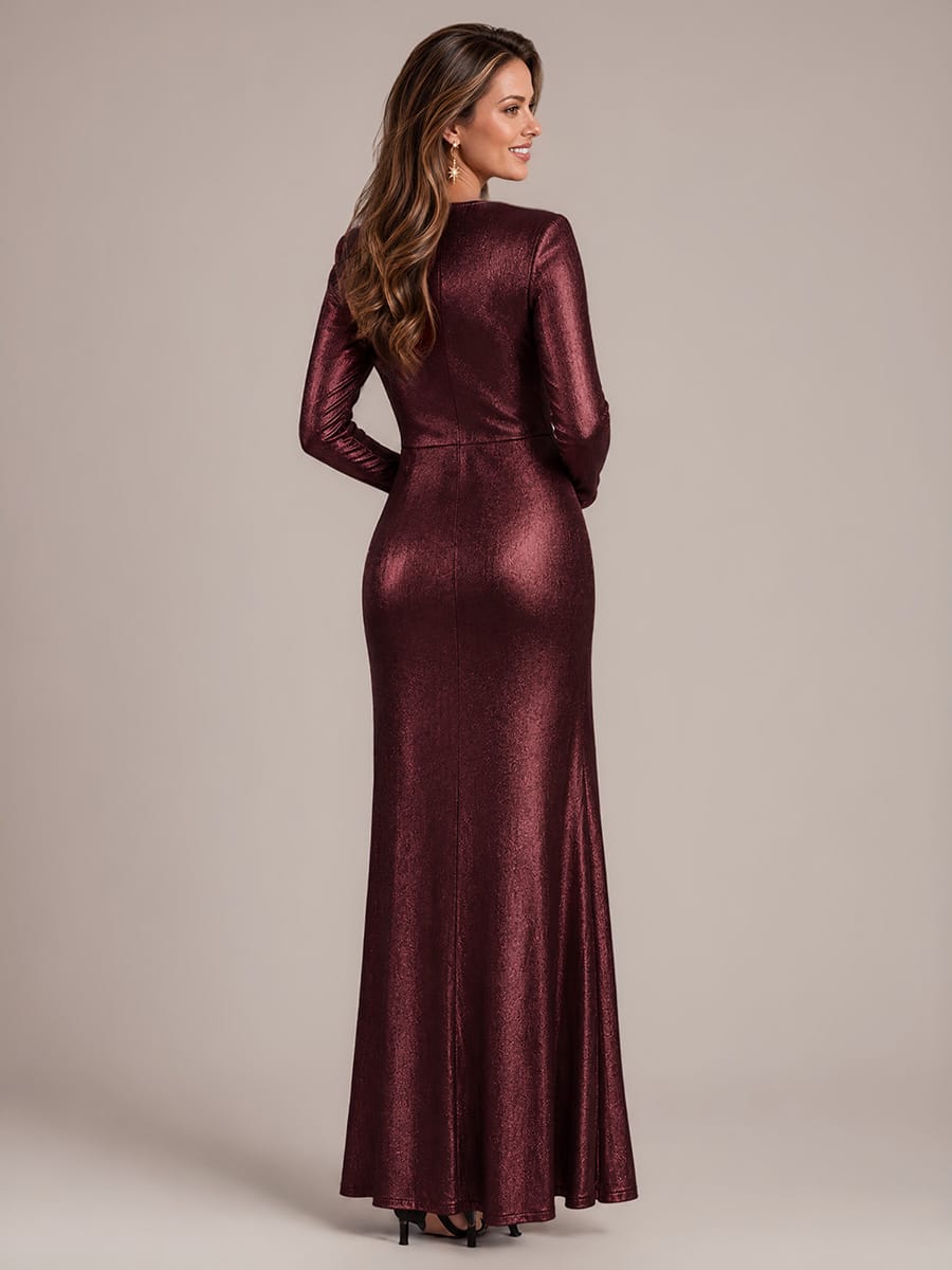 Knot Detail,Slit Jersey Maxi V Neckline Fitted Sleeves Evening Dress #color_Mahogany Brown