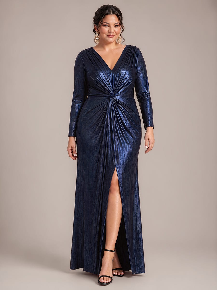Knot Detail,Slit Jersey Maxi V Neckline Fitted Sleeves Evening Dress #color_Navy Blue