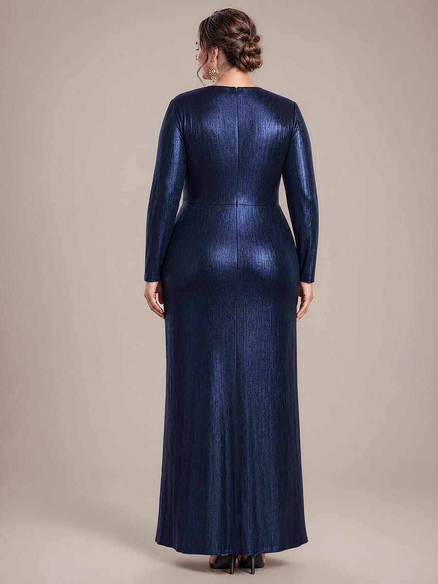 Knot Detail,Slit Jersey Maxi V Neckline Fitted Sleeves Evening Dress #color_Navy Blue