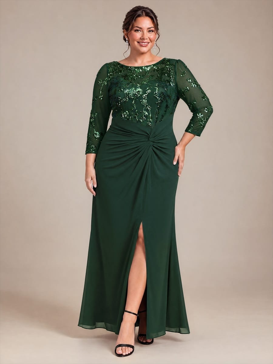 Knot Detail Sequin Maxi Round Neckline Fitted Sleeves Evening Dress #color_Dark Forest Green