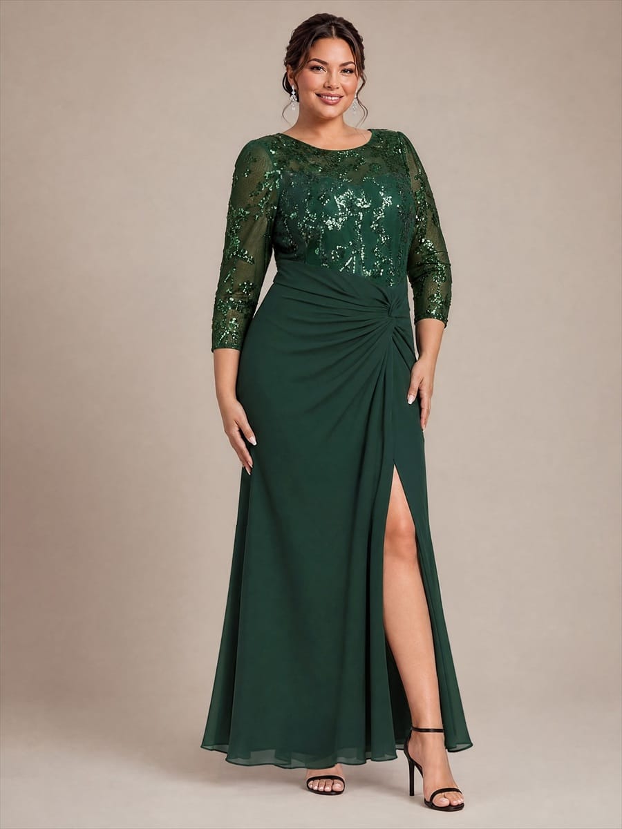 Knot Detail Sequin Maxi Round Neckline Fitted Sleeves Evening Dress #color_Dark Forest Green