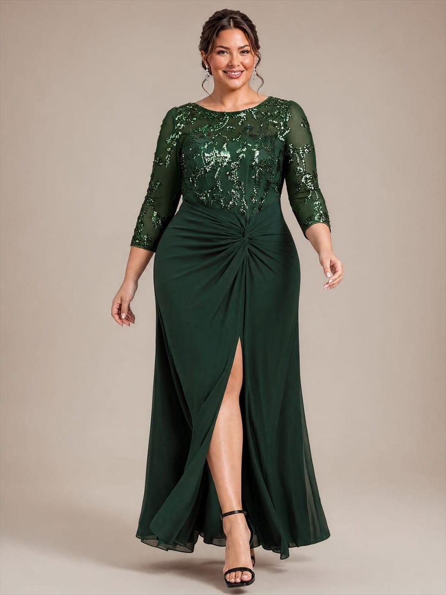 Knot Detail Sequin Maxi Round Neckline Fitted Sleeves Evening Dress #color_Dark Forest Green