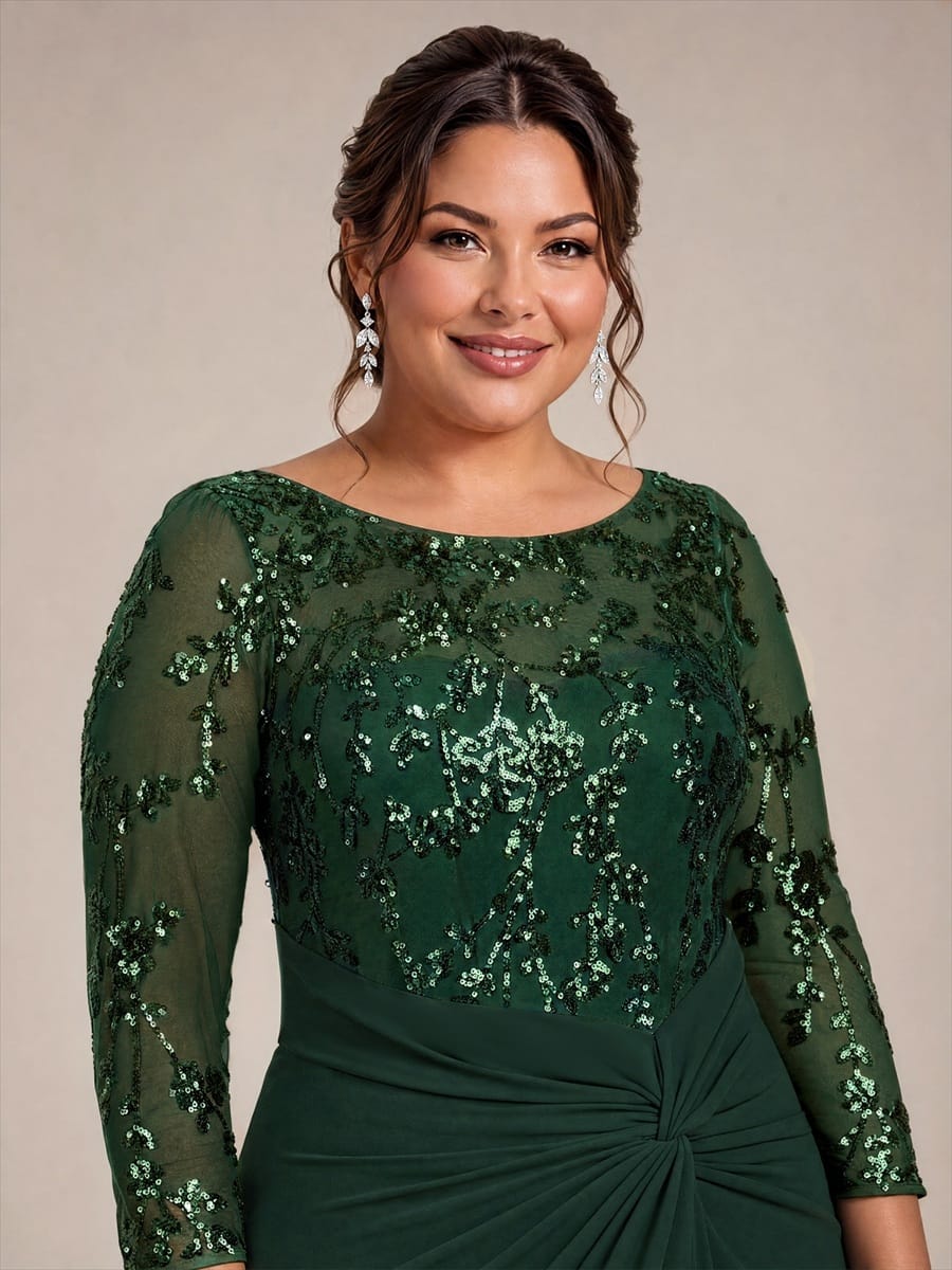 Knot Detail Sequin Maxi Round Neckline Fitted Sleeves Evening Dress #color_Dark Forest Green