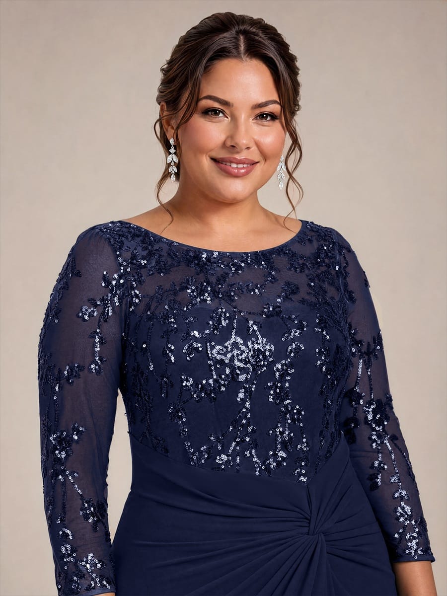 Knot Detail Sequin Maxi Round Neckline Fitted Sleeves Evening Dress #color_Navy Blue