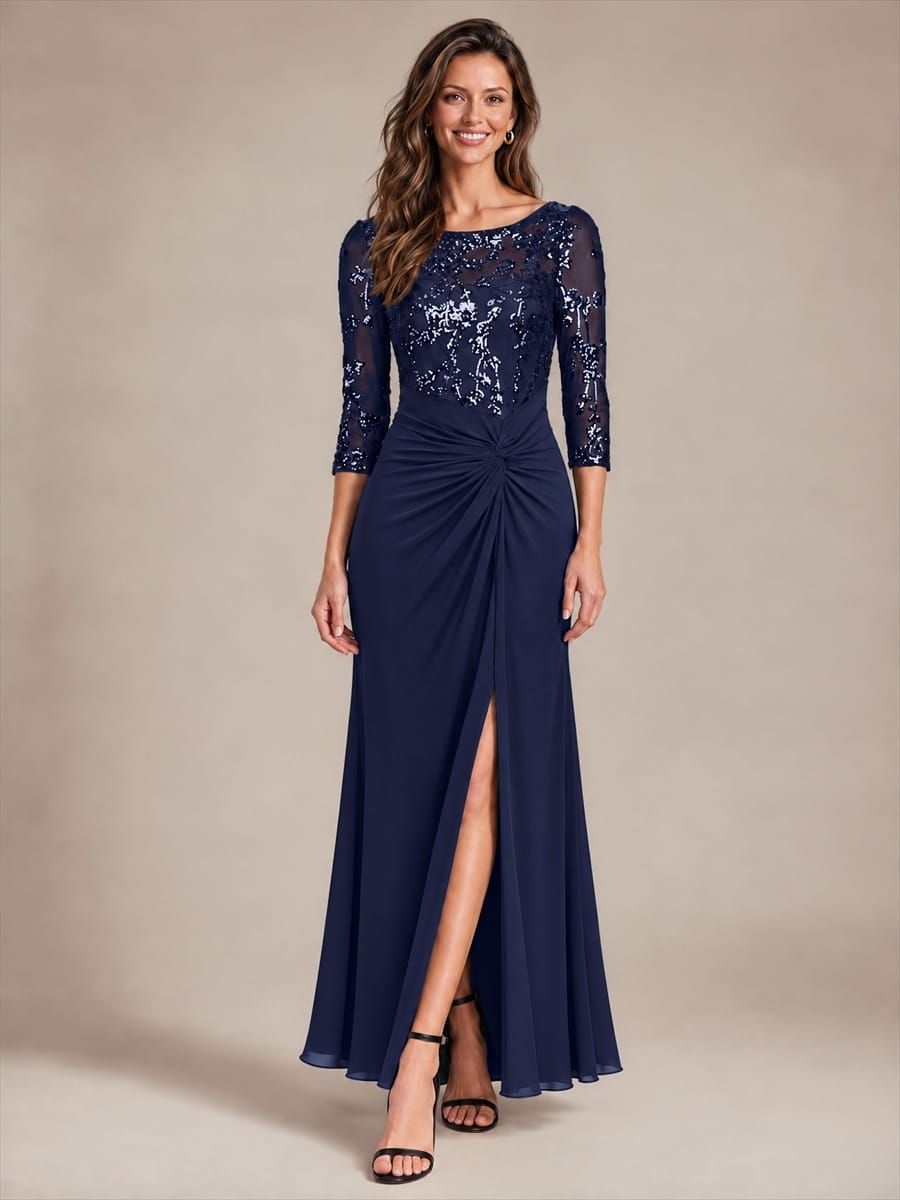 Knot Detail Sequin Maxi Round Neckline Fitted Sleeves Evening Dress #color_Navy Blue