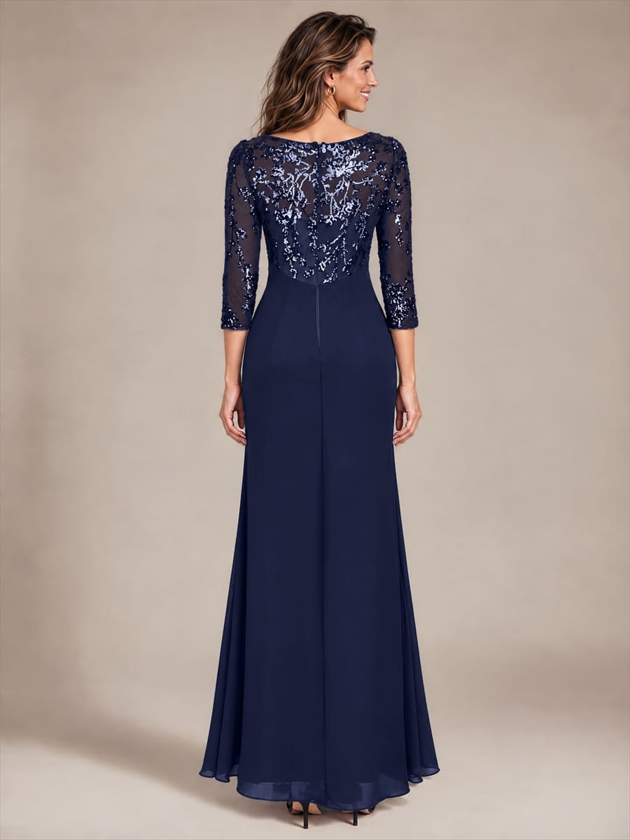 Knot Detail Sequin Maxi Round Neckline Fitted Sleeves Evening Dress #color_Navy Blue