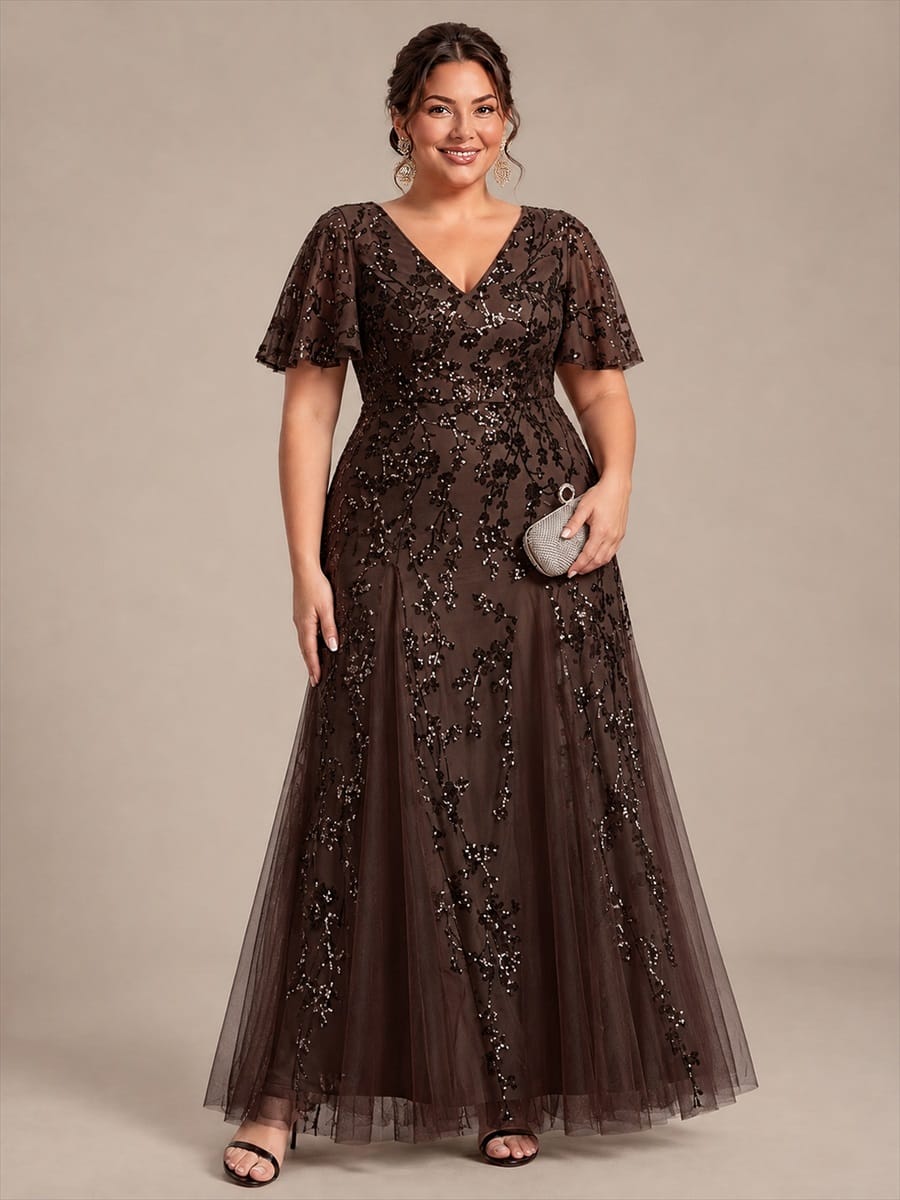 Tiered Tulle Sequin Ruffle Sleeve Dress #color_Chocolate Brown