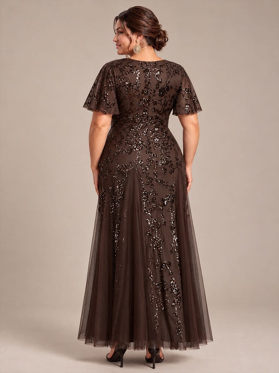 Tiered Tulle Sequin Ruffle Sleeve Dress #color_Chocolate Brown