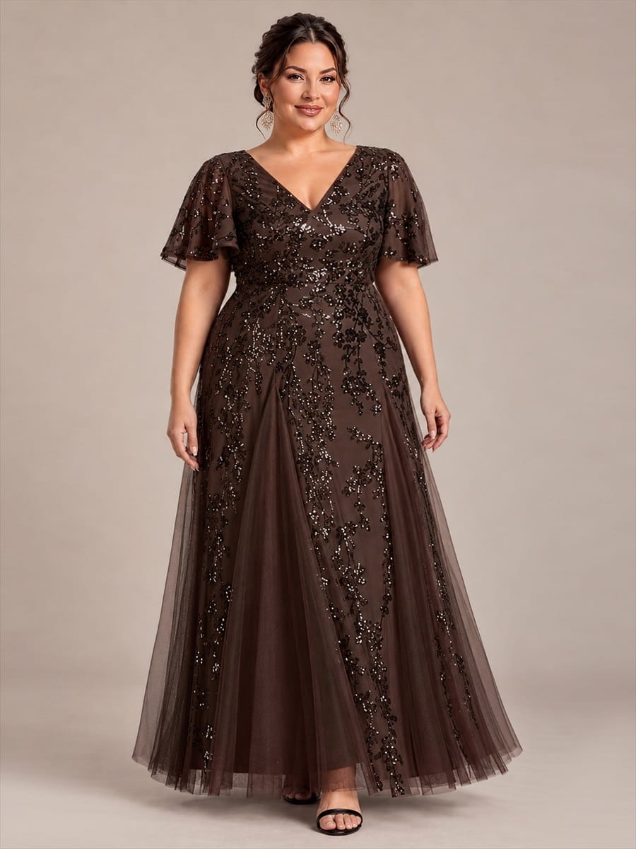 Tiered Tulle Sequin Ruffle Sleeve Dress #color_Chocolate Brown