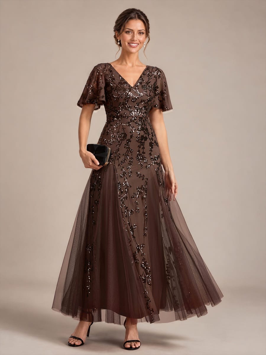 Tiered Tulle Sequin Ruffle Sleeve Dress #color_Chocolate Brown