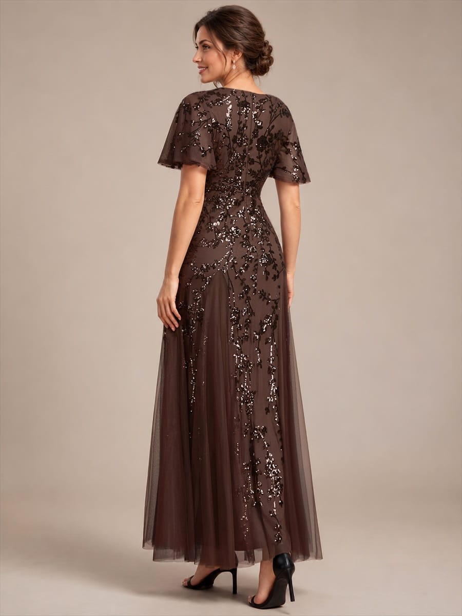 Tiered Tulle Sequin Ruffle Sleeve Dress #color_Chocolate Brown