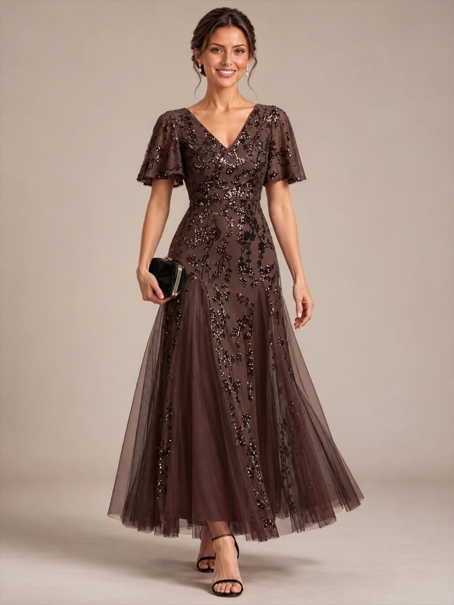 Tiered Tulle Sequin Ruffle Sleeve Dress #color_Chocolate Brown