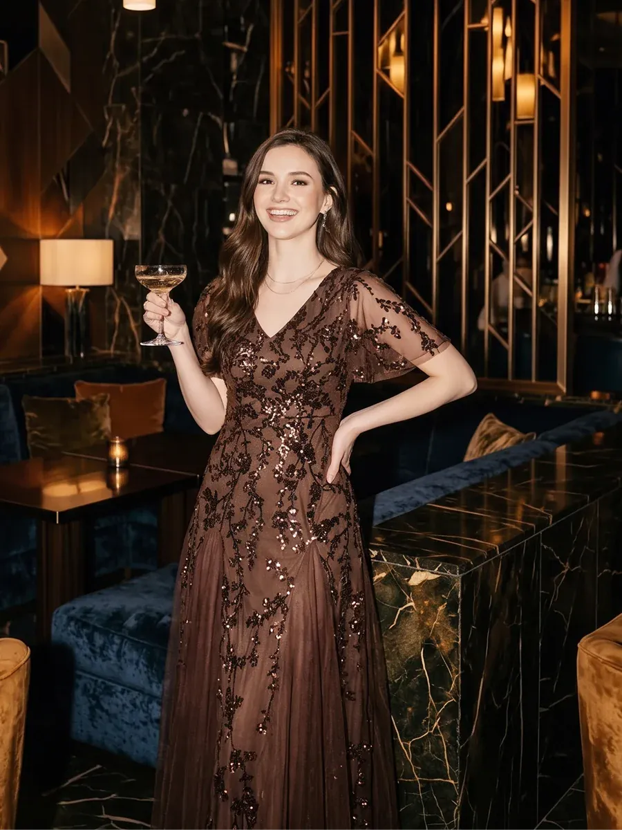 Tiered Tulle Sequin Ruffle Sleeve Dress #color_Chocolate Brown