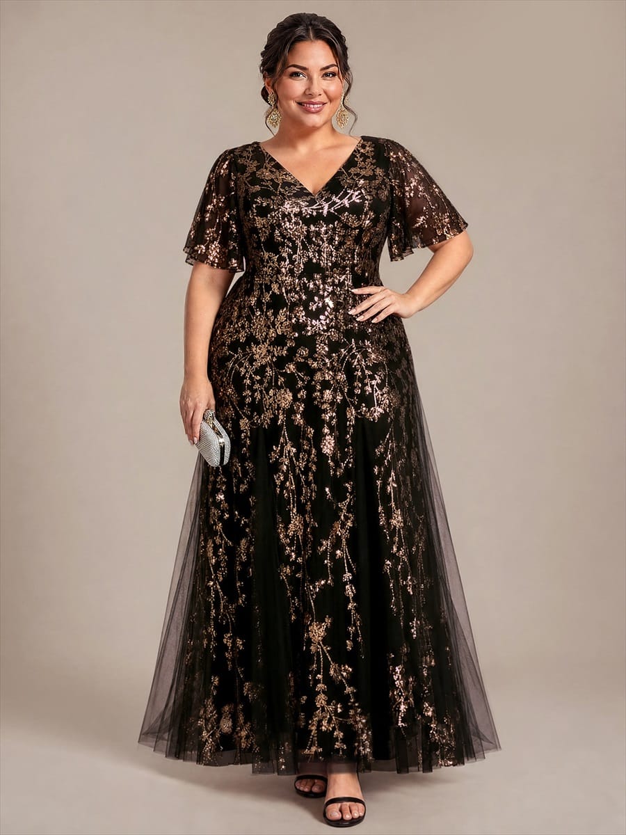 Tiered Tulle Sequin Ruffle Sleeve Dress #color_Black & Gold