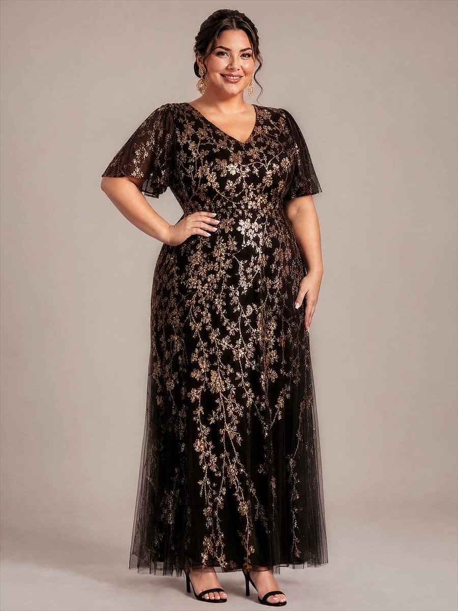 Tiered Tulle Sequin Ruffle Sleeve Dress #color_Black & Gold
