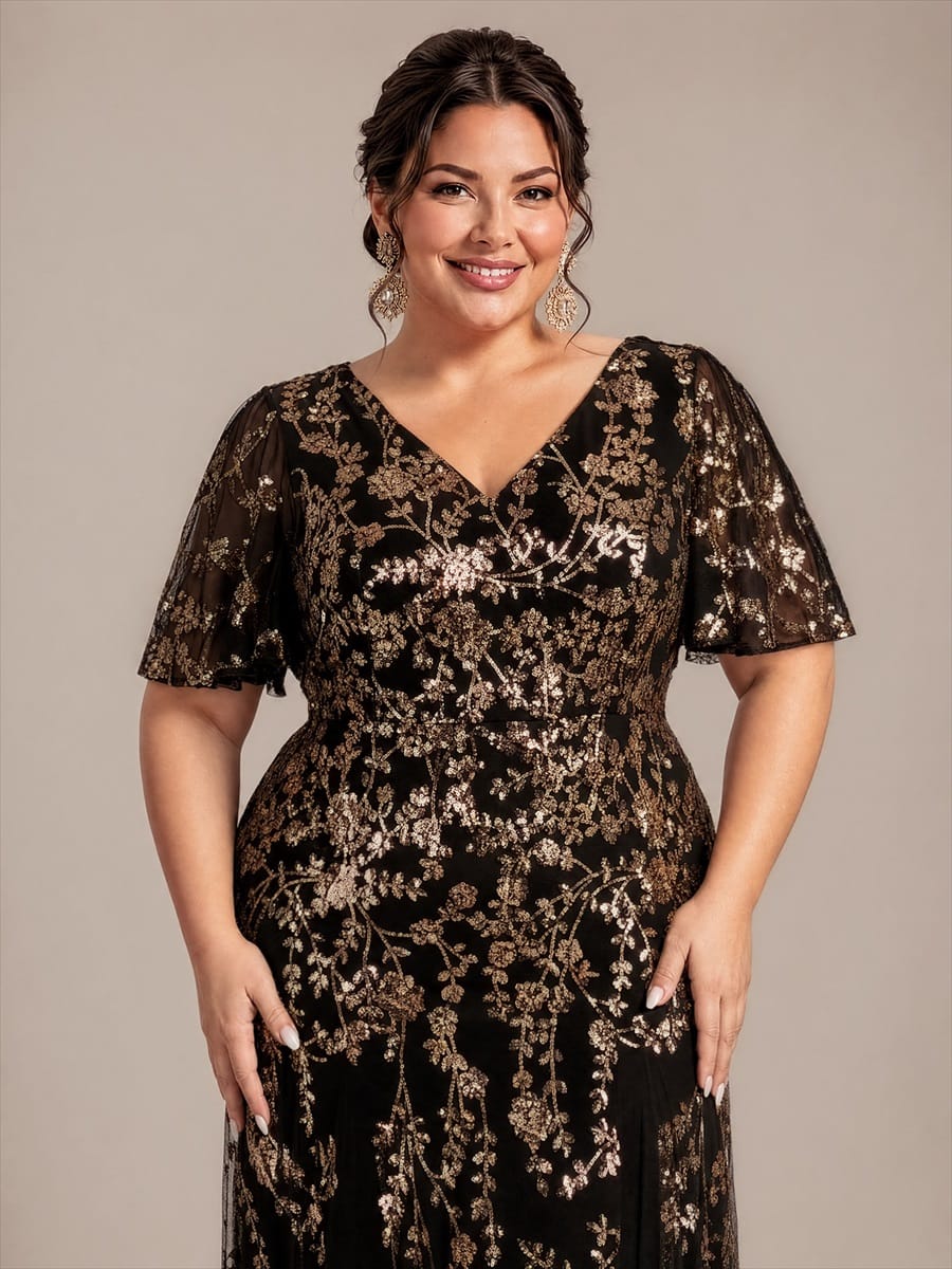 Tiered Tulle Sequin Ruffle Sleeve Dress #color_Black & Gold