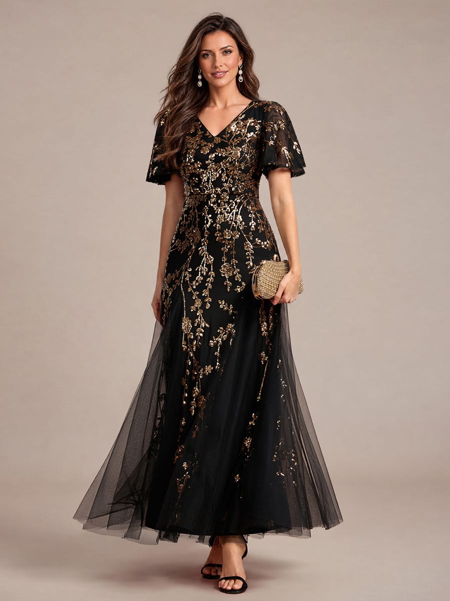 Tiered Tulle Sequin Ruffle Sleeve Dress #color_Black & Gold