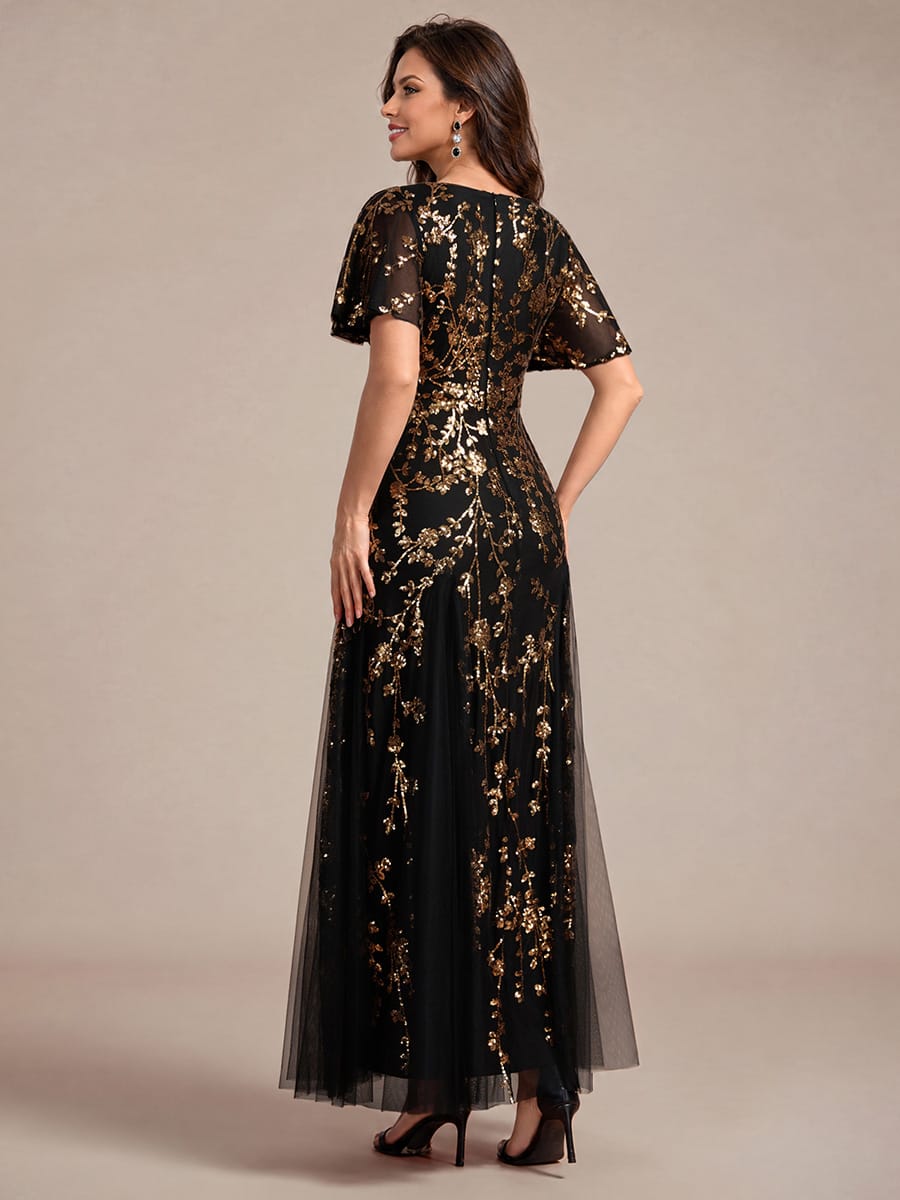 Tiered Tulle Sequin Ruffle Sleeve Dress #color_Black & Gold